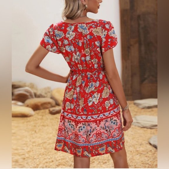 Red Boho Floral Print Petal Sleeve Dress - Picture 3 of 6